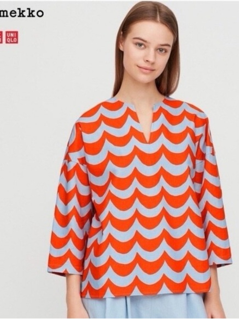 Uniqlo Marimekko Women's Orange and Light Blue Wave-Pattern Tunic M